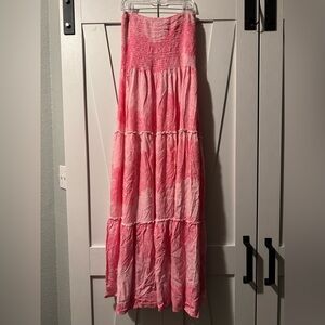 Sunday Mi Amor Anthropologie Strapless Maxi Boho Pink Floral Print Tiered Dress